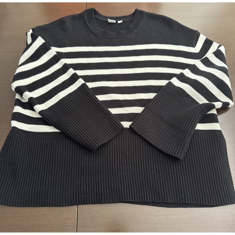 Gap Black White Striped Knit Pullover Sweater Cotton Long Sleeve Women's Size L